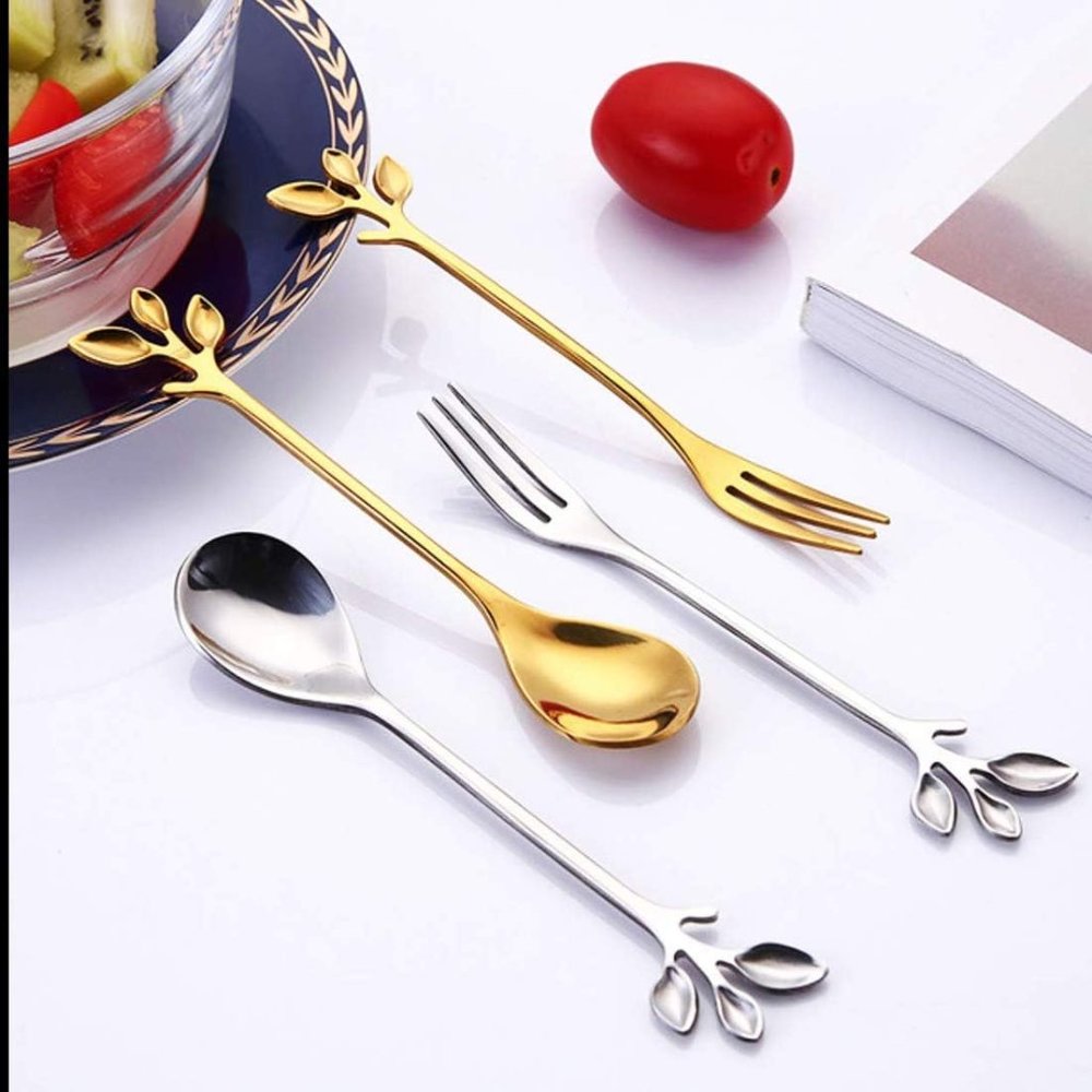 AnSaw 10-Piece Stainless Steel Gold Leaf Coffee Spoon appetizer fork-Creative - Picture 3 of 5